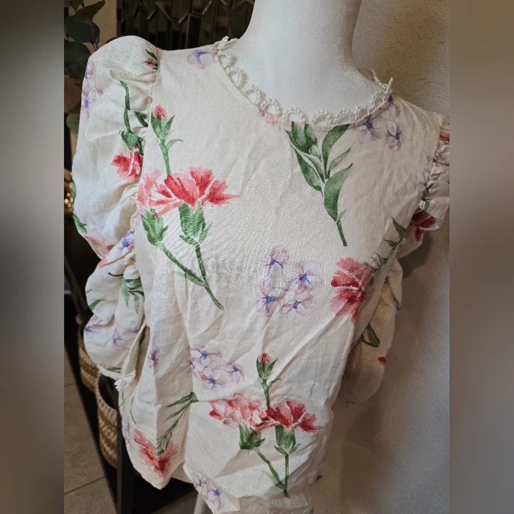 Laura Ashley Floral Blouse - Cream with Red and Green - Picture 6 of 10